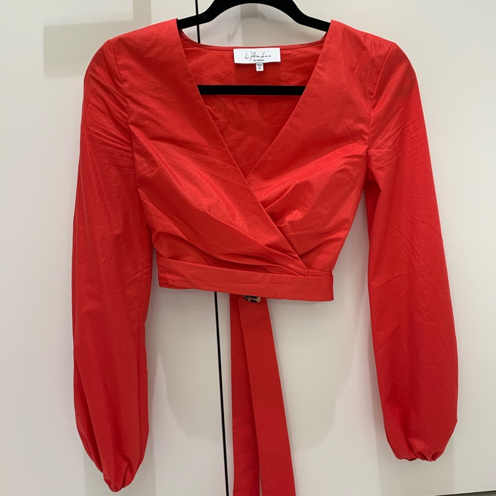 L’Academie red wrap-around and tie crop top